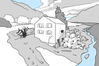 Haus nahe eines Wildbachs wird von einem Murgang getroffen. Am Gebäude entstehen grosse Schäden und die Umgebung wird übersart.
