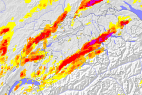 Hagelkarte der Schweiz am 21. Juni 2021 (Quelle: Meteoradar GmbH, Daten: MeteoSchweiz)