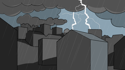 Blitzeinschlag im Siedlungsgebiet bei einem Sommergewitter, Wetterleuchten im Hintergrund.