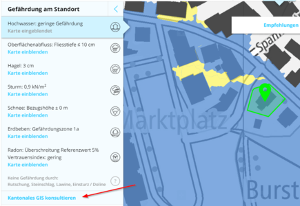 Unterhalb der Gefährdungsübersicht bietet der Naturgefahren-Check einen direkten Link ins kantonale Geoportal (Web-GIS)