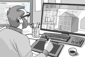 Architekt konzipiert im CAD ein neues Haus und nutzt die Informationsplattform schutz-vor-naturgefahren.ch als Planungshilfe.