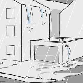 Wasser schiesst vom Dach bei starkem Regen