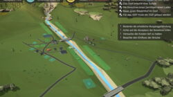 MurGame: Ein Dorf will sich trotz der Gefahr durch Murgänge entwickeln - kombinieren Sie hierzu verschiedene Schutzmassnahmen für ein optimales Kosten-Nutzen-Verhältnis. Screenshot aus dem Onlinespiel "MurGame" mit Blick auf das noch grösstenteils unbebaute Dorf auf deinem Wildbachkegel mit Murganggefahr.