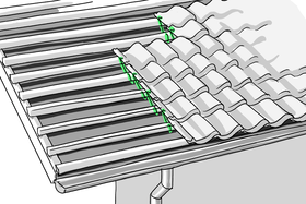 Schematische Darstellung zeigt wie Ziegel mit Sturmklammern an den Dachlatten befestigt sind.
