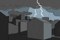 Blitzeinschlag im Siedlungsgebiet bei einem Sommergewitter, Wetterleuchten im Hintergrund.